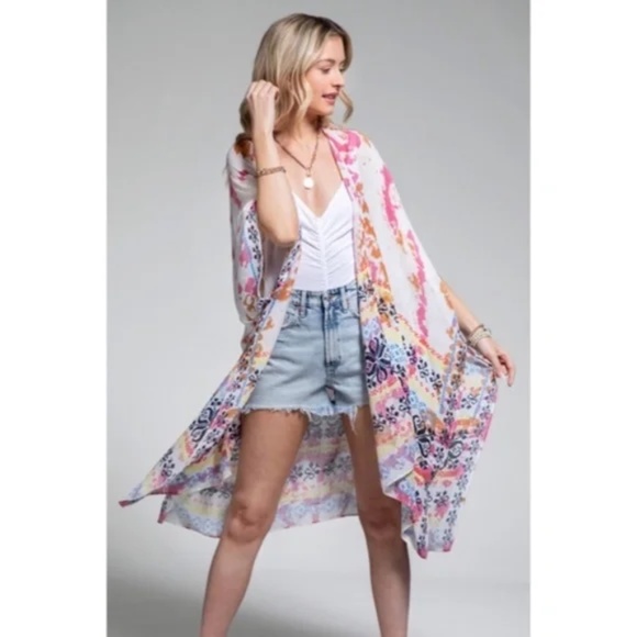 SOLD OUT Colorful Tie Dye Bohemian Ethnic Border Motif Kimono Wrap Coverup Open - Picture 3 of 5